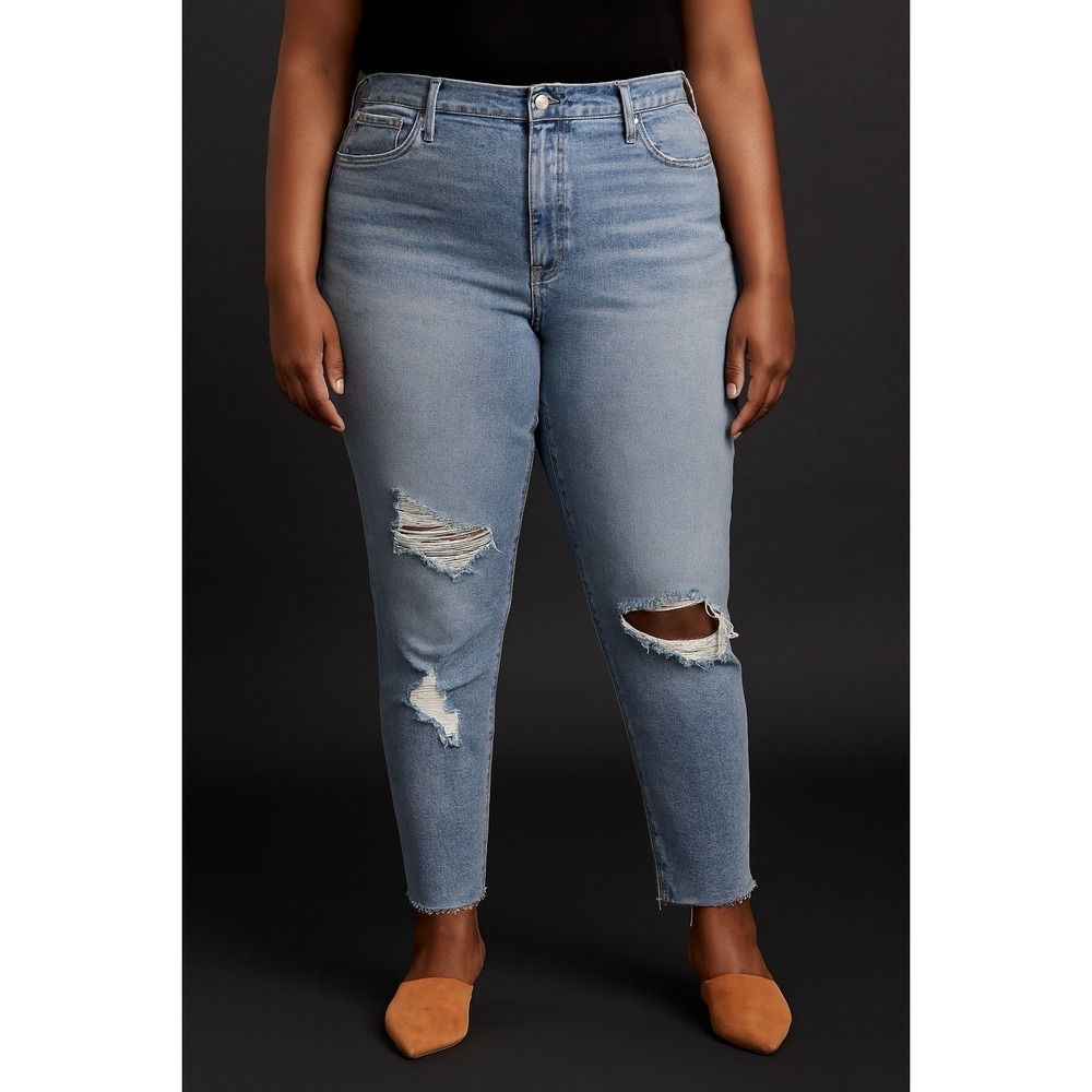 Good American Jeans Sz 16 Distressed Skinny Raw Hem‎ Light Wash High Waist Denim